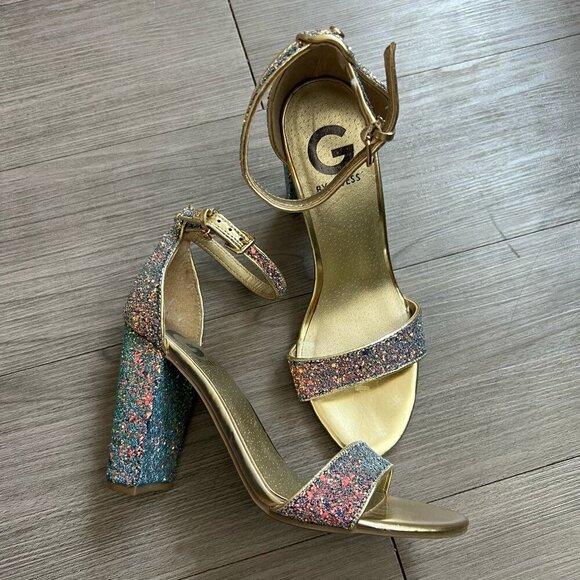 G By Guess Shantel Gold Rainbow Glitter Party Strappy Block Heels Size W7 - Picture 1 of 7